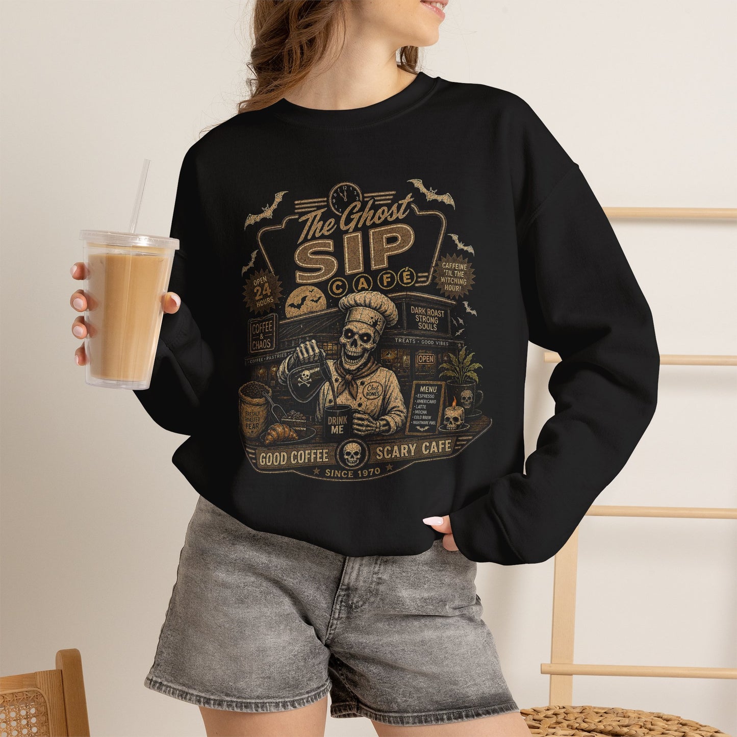 Spooky Coffee and Chaos Retro Skeleton Barista Cafe Illustration - sweatshirt