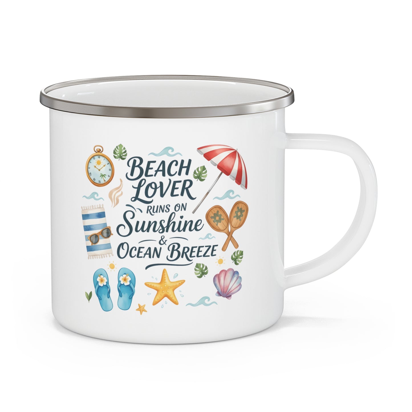 Enamel Mug — Watercolor Beach Lover Aesthetic Quote