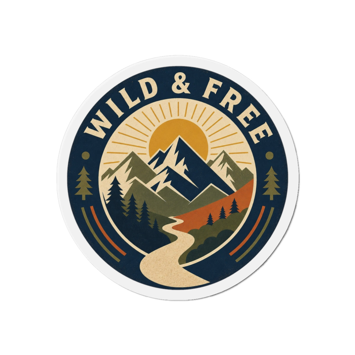 Wild and Free Vintage Mountain Adventure Badge – Retro Nature Landscape with Winding River and Pine Trees die cut magnet Design