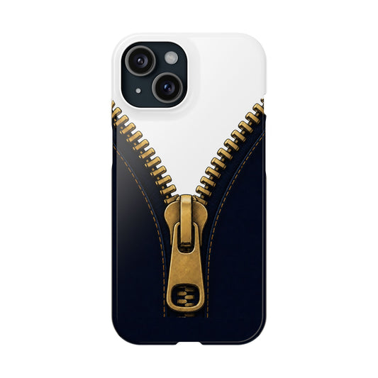 A close-up graphic of a metallic gold zipper opening up dark navy denim fabric - iphone 16 and 15 slim case