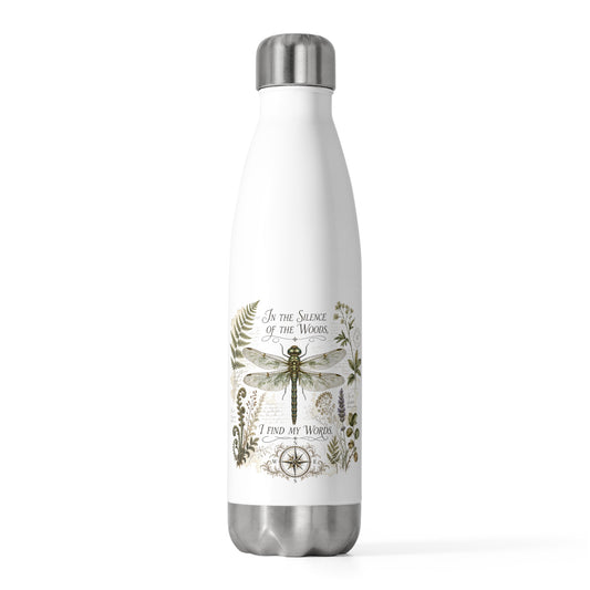 Vintage Botanical Dragonfly insulated bottle with Quote "In the Silence of the Woods, I Find My Words" for Writers and Nature Lovers