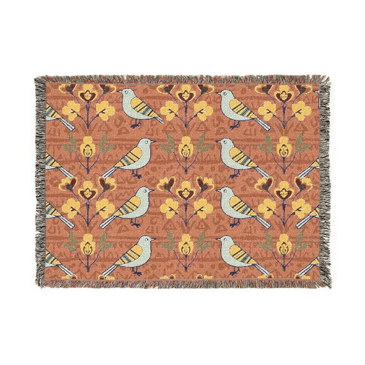 Woven Blanket - Modern Folk Art Bird and Floral Seamless Pattern on Terracotta