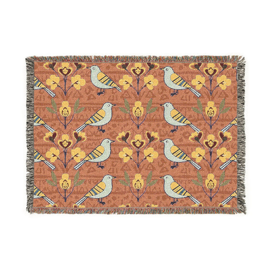 Woven Blanket - Modern Folk Art Bird and Floral Seamless Pattern on Terracotta