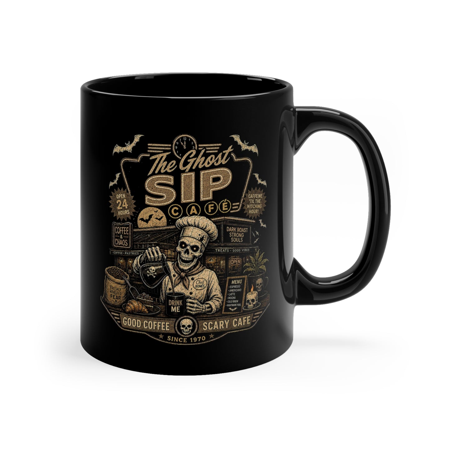 Spooky Coffee and Chaos Retro Skeleton Barista Cafe Illustration - coffee mug