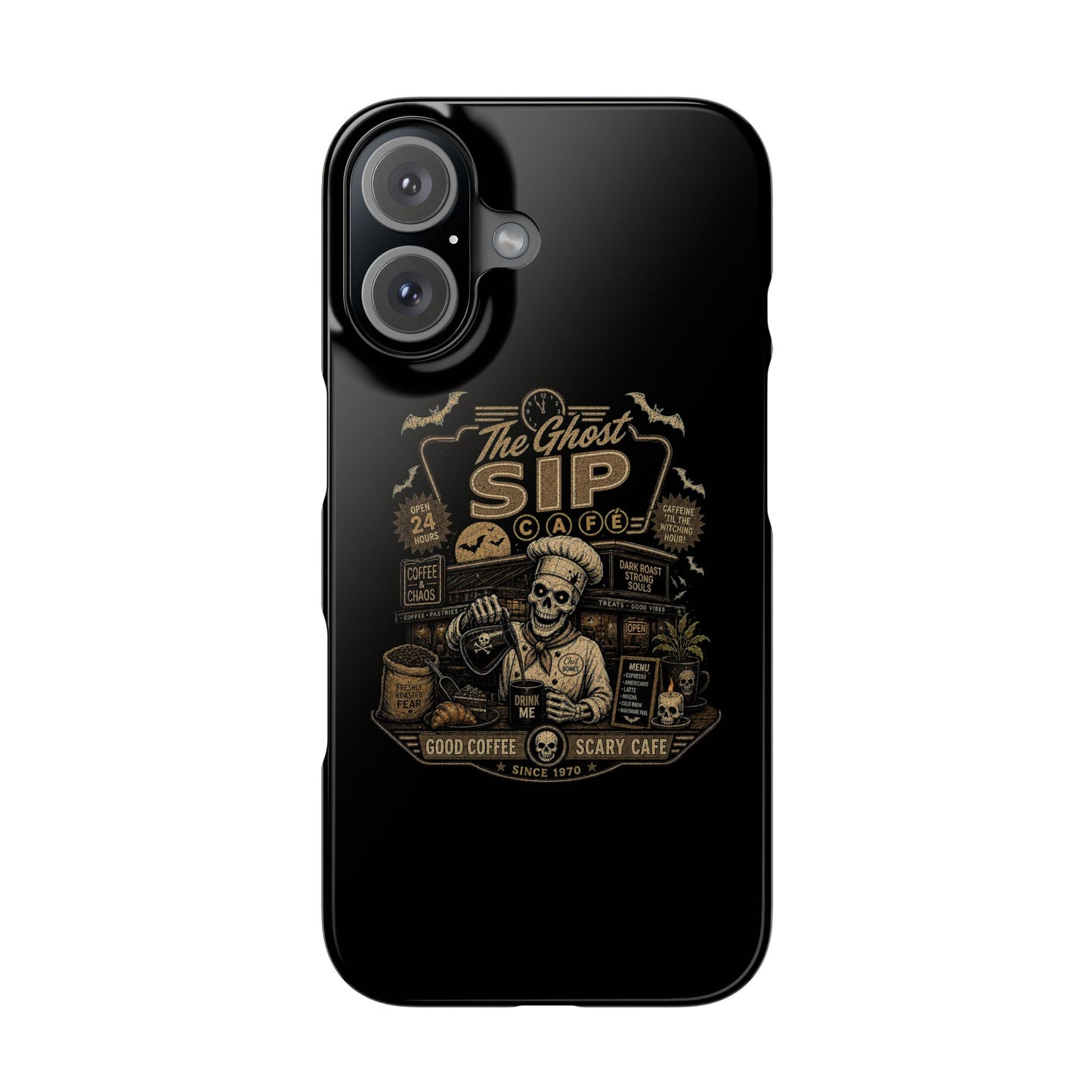 Spooky Coffee and Chaos Retro Skeleton Barista Cafe Illustration - iphone slim case