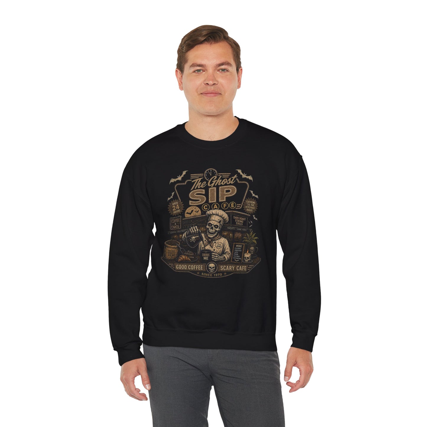 Spooky Coffee and Chaos Retro Skeleton Barista Cafe Illustration - sweatshirt